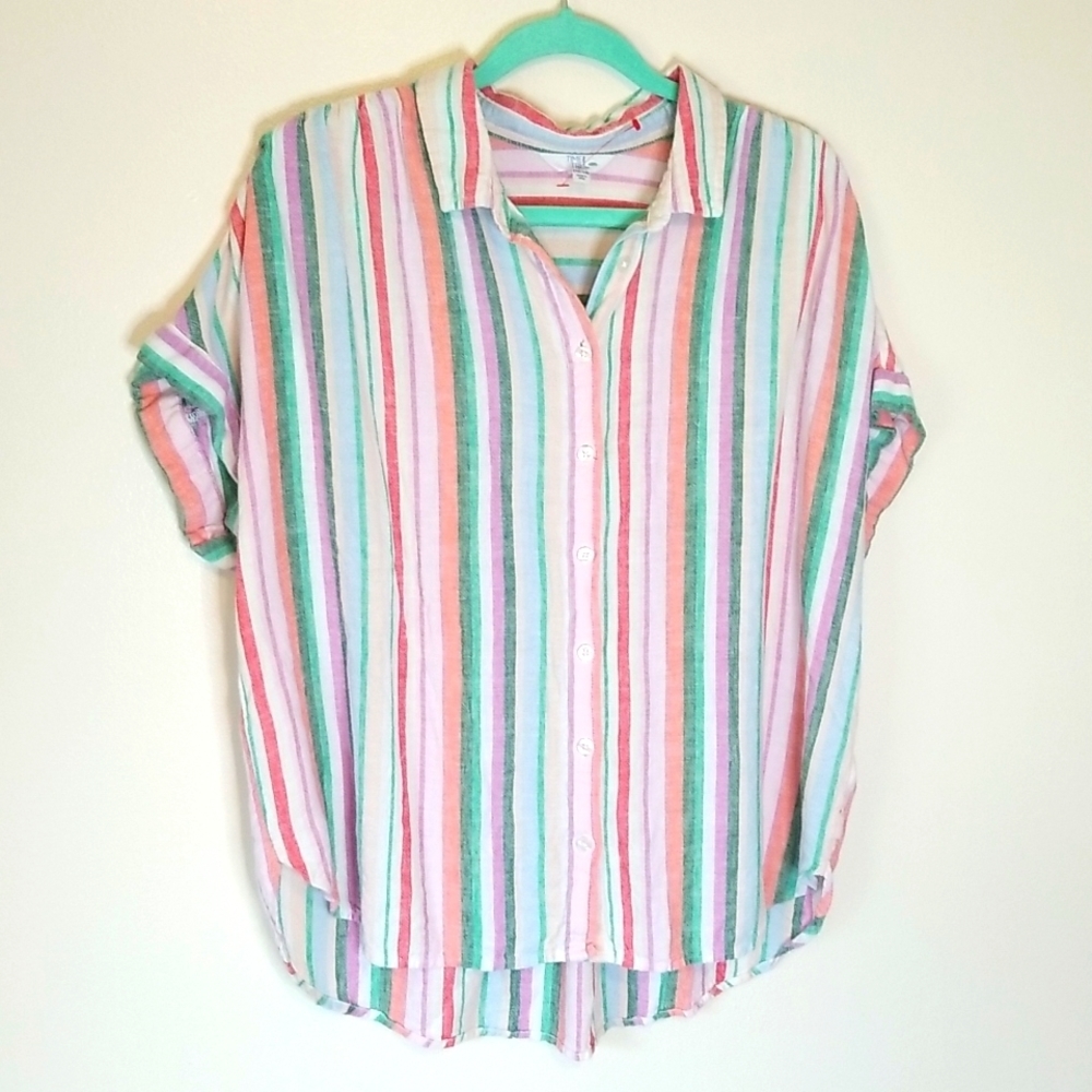 EUC Time & Tru Pastel Short Sleeve Striped Button Down collared shirt size 12-14